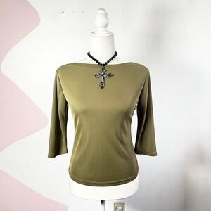 Vintage Y2K Boat Neck Top Sz Medium Olive Green 90s Retro Indie Elbow Sleeve